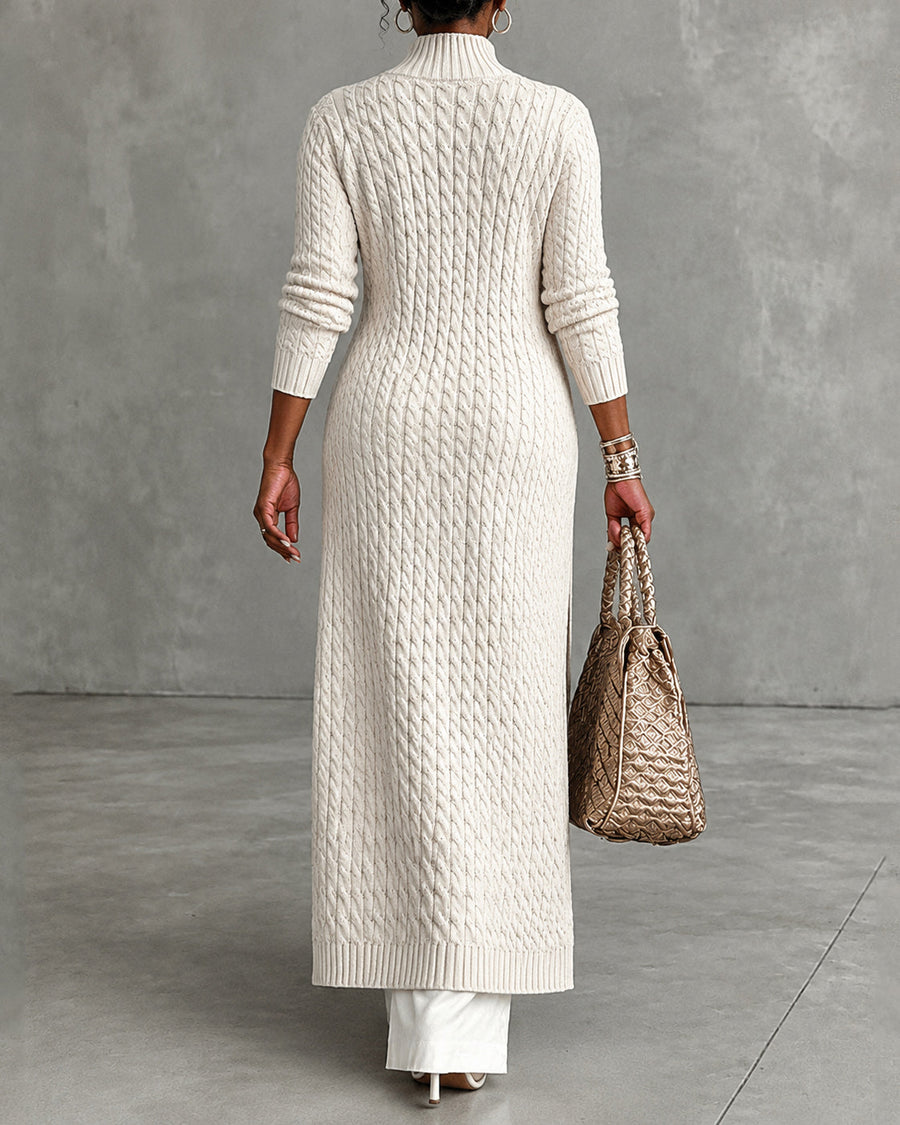 Women's Cable Stand Collar Long Sleeve Button Front Knit Maxi Cardigan