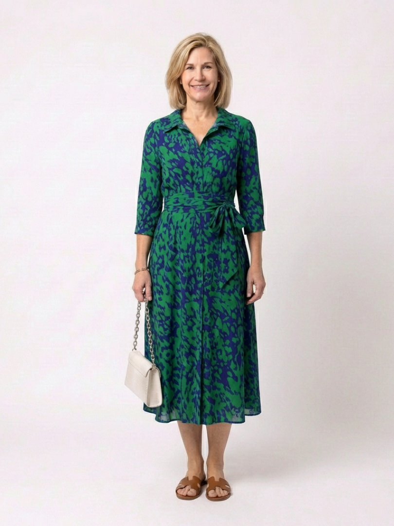 Oriana | Collared Long Sleeve Waist Tie Midi Dress