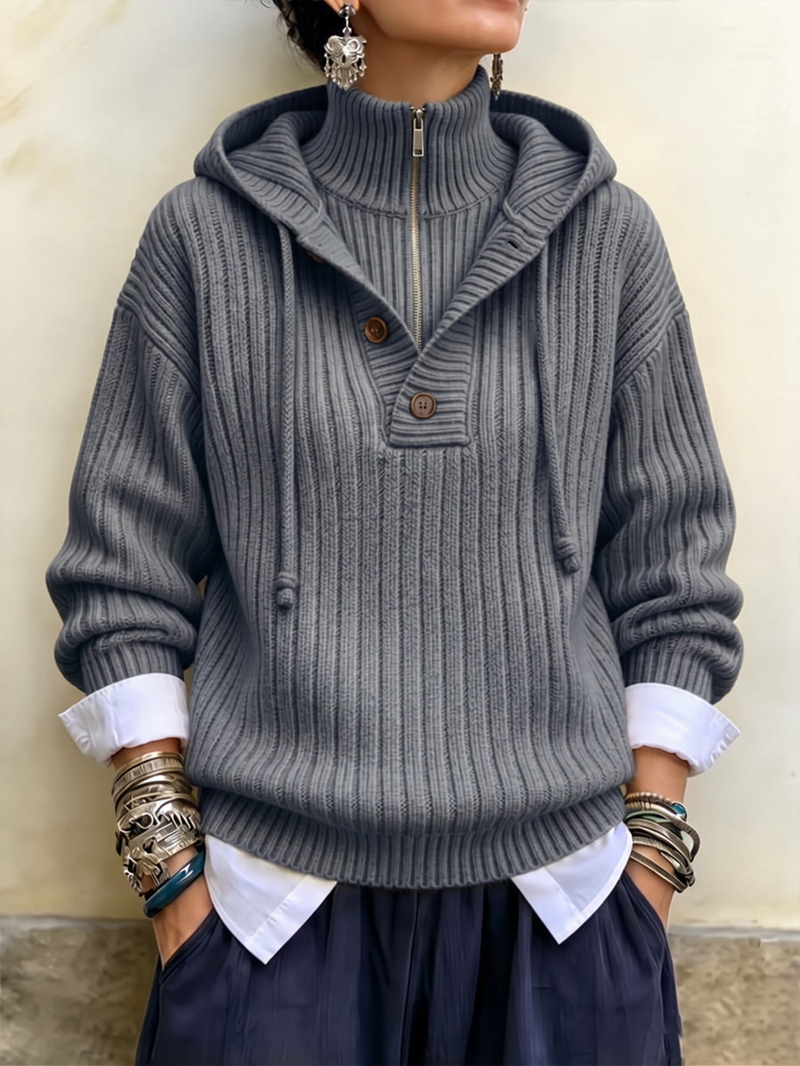 Sunlit Ribbed Knit Hooded Half-Zip Pullover