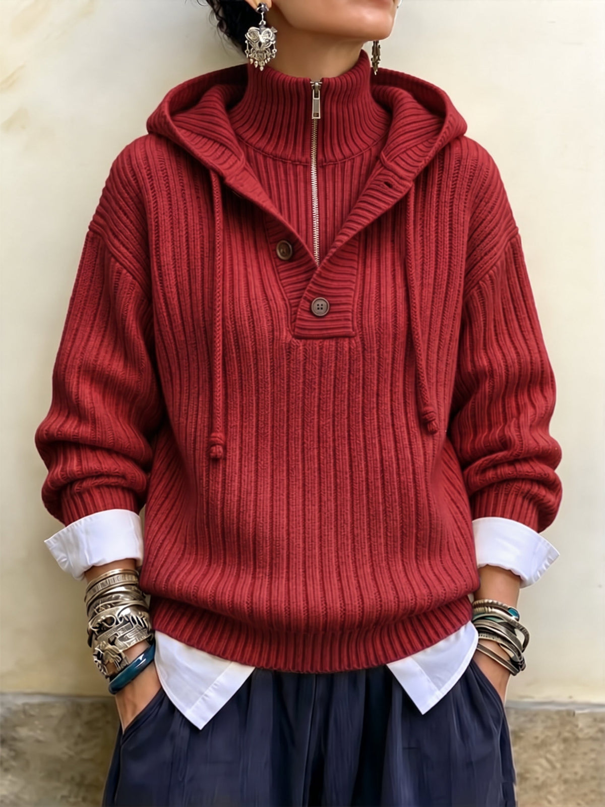 Sunlit Ribbed Knit Hooded Half-Zip Pullover