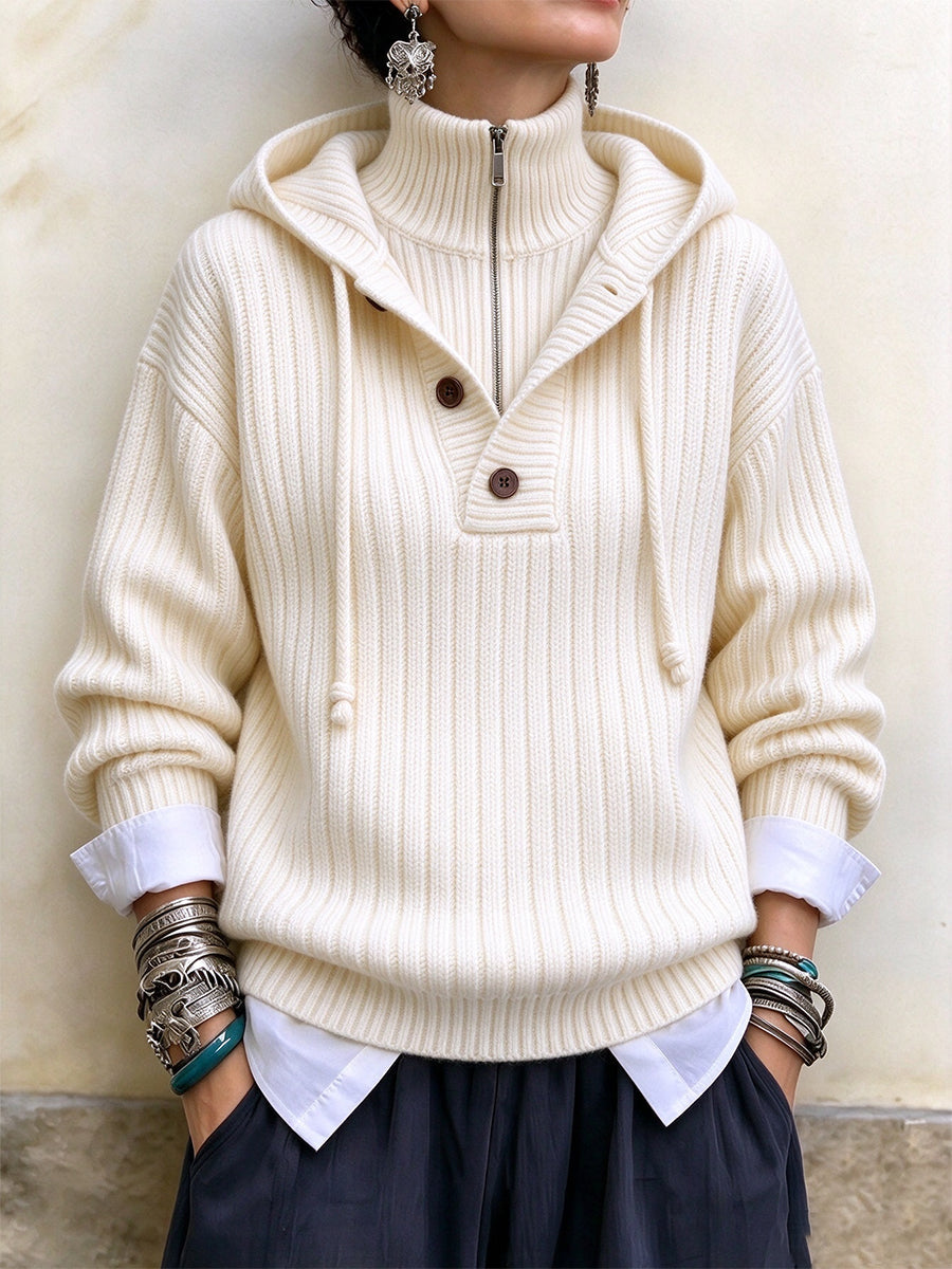 Sunlit Ribbed Knit Hooded Half-Zip Pullover
