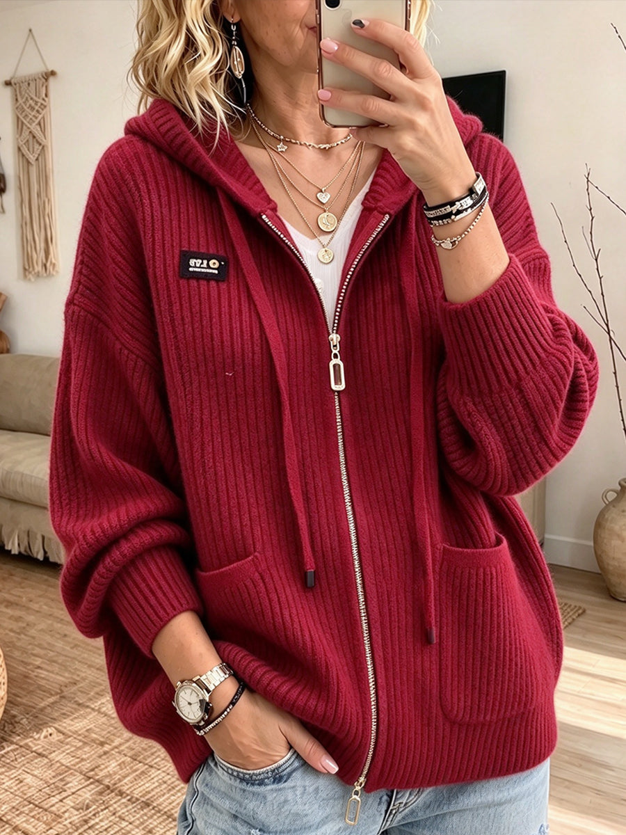 Cozy And Casual Ribbed Knit Zip-up Hooded Cardigan