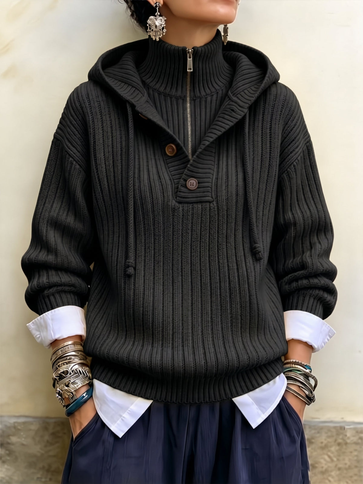 Sunlit Ribbed Knit Hooded Half-Zip Pullover